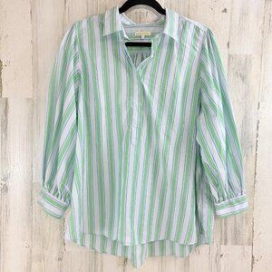Ann Mashburn Sz XL Geraldine Popover Shirt Green Blue Stripe Poplin